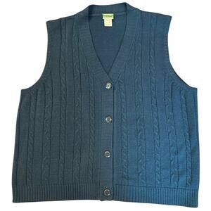 SARA MORGAN Teal Blue Green Cardigan Cableknit Retro Grandpa Sweater Vest XL